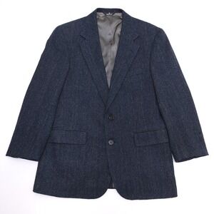 Vintage CHAPS Wool Houndstooth Gray Black Blue Sport Coat Blazer Jacket Mens 42S